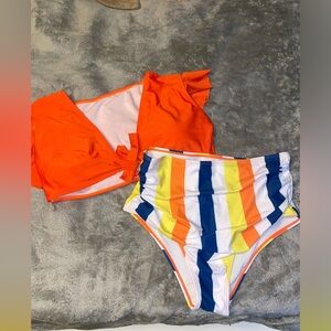 SHEIN orange, bleu, and yellow bikini set